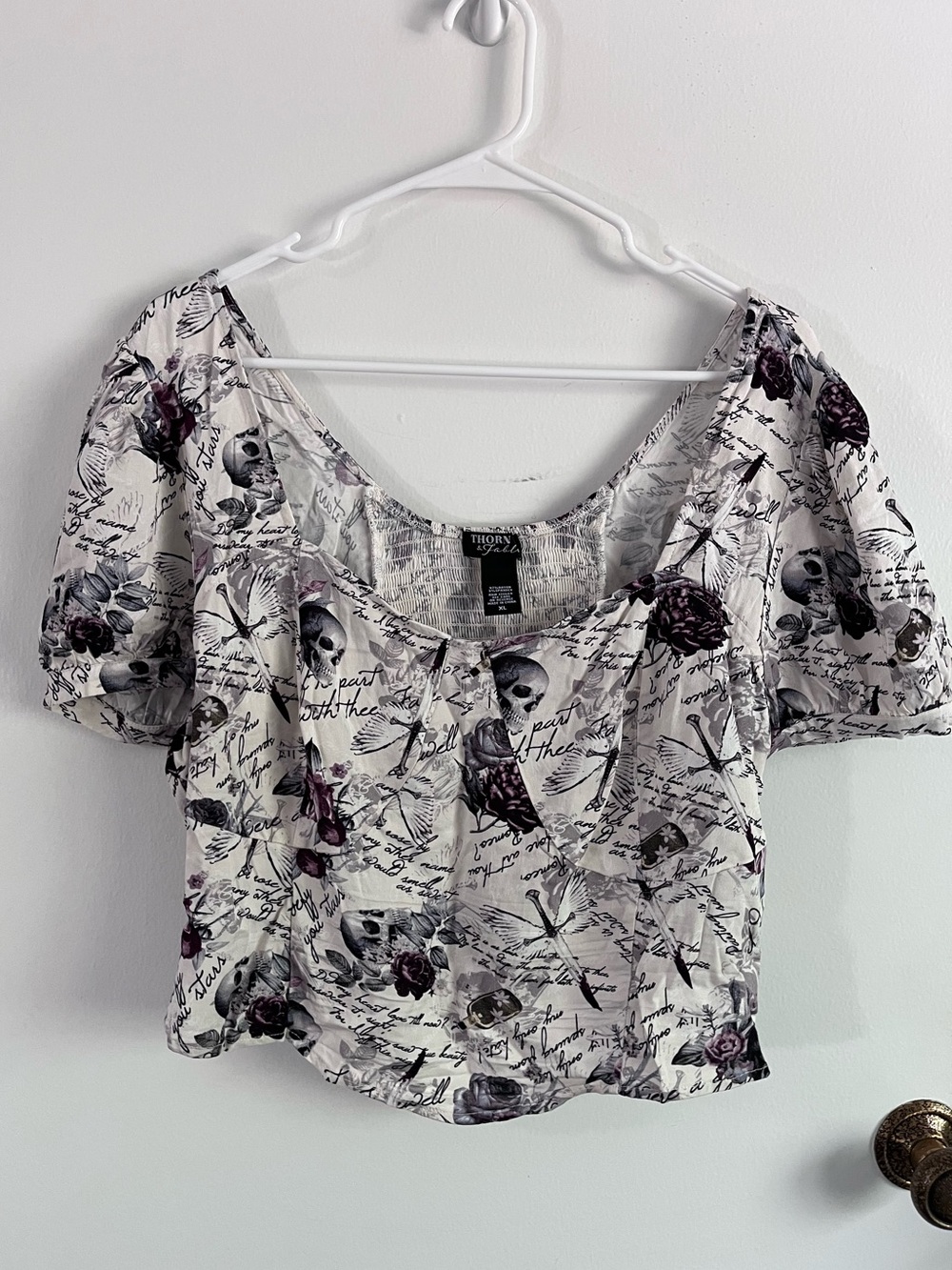 Thorn and Fable White Black Goth Floral & Skull Puff-Sleeve Crop Top L/XL